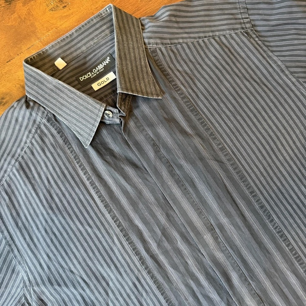 Dolce&Gabbana Gold Shirt Mens 16 Gray Stripe Long Sleeve Dress Italy Luxury